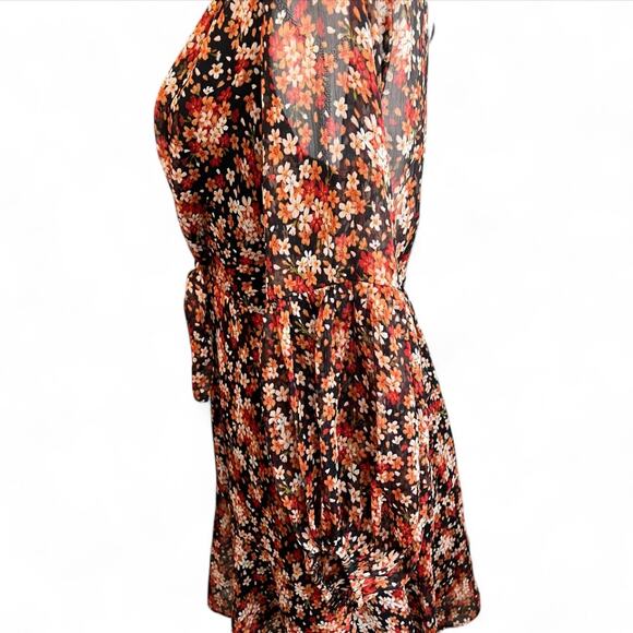 Aakaa floral long sleeve mini dress orange ruffle skirt fall autumn boho - Picture 7 of 10